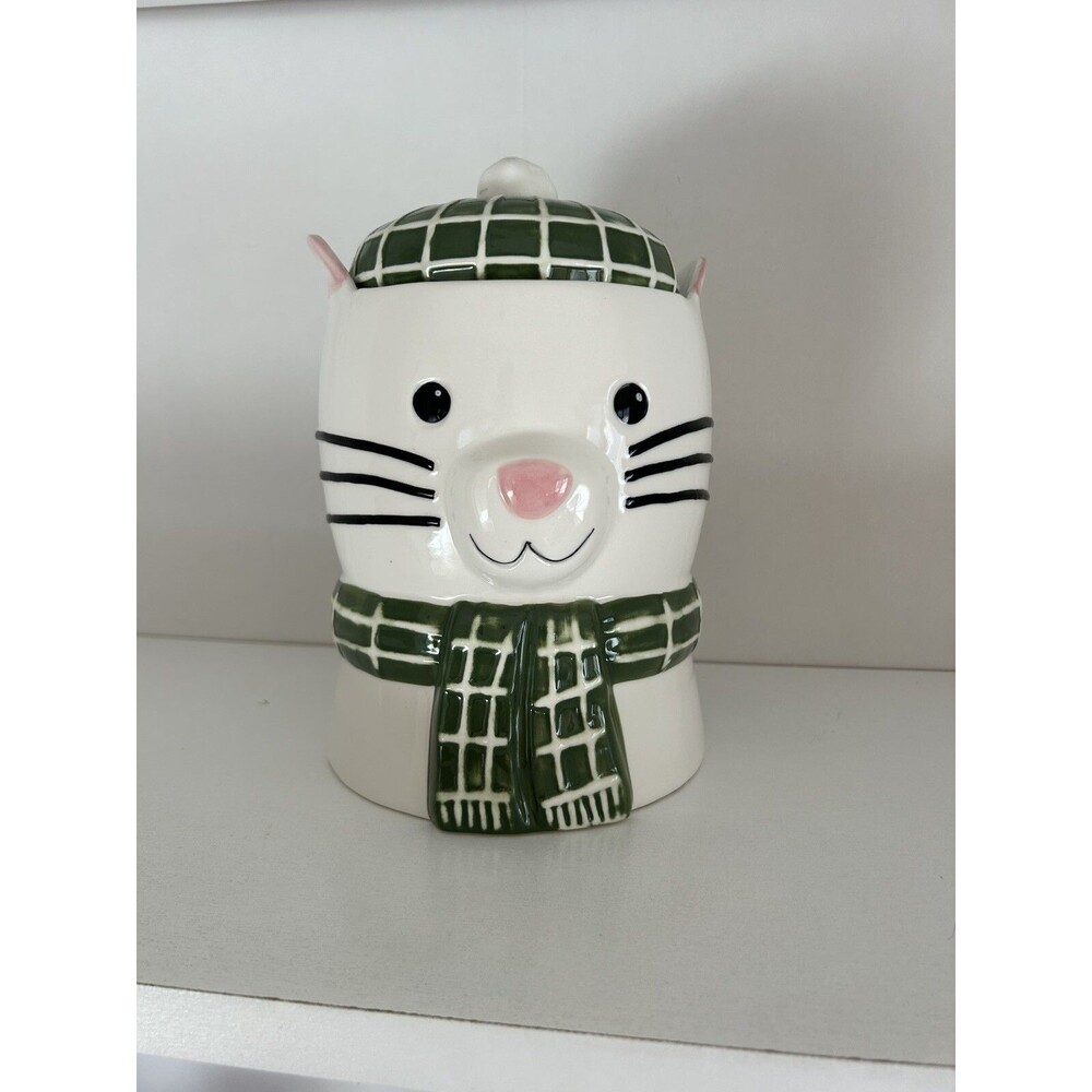 Brand New Ceramic Cute Winter White Cat Canister Hand Painted Green Hat & Scarf